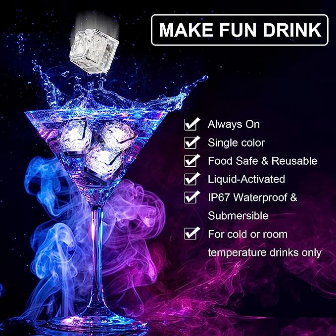 Light Up Ice Cubes, 12 PCS White LED Ice Cubes Liquid Activated